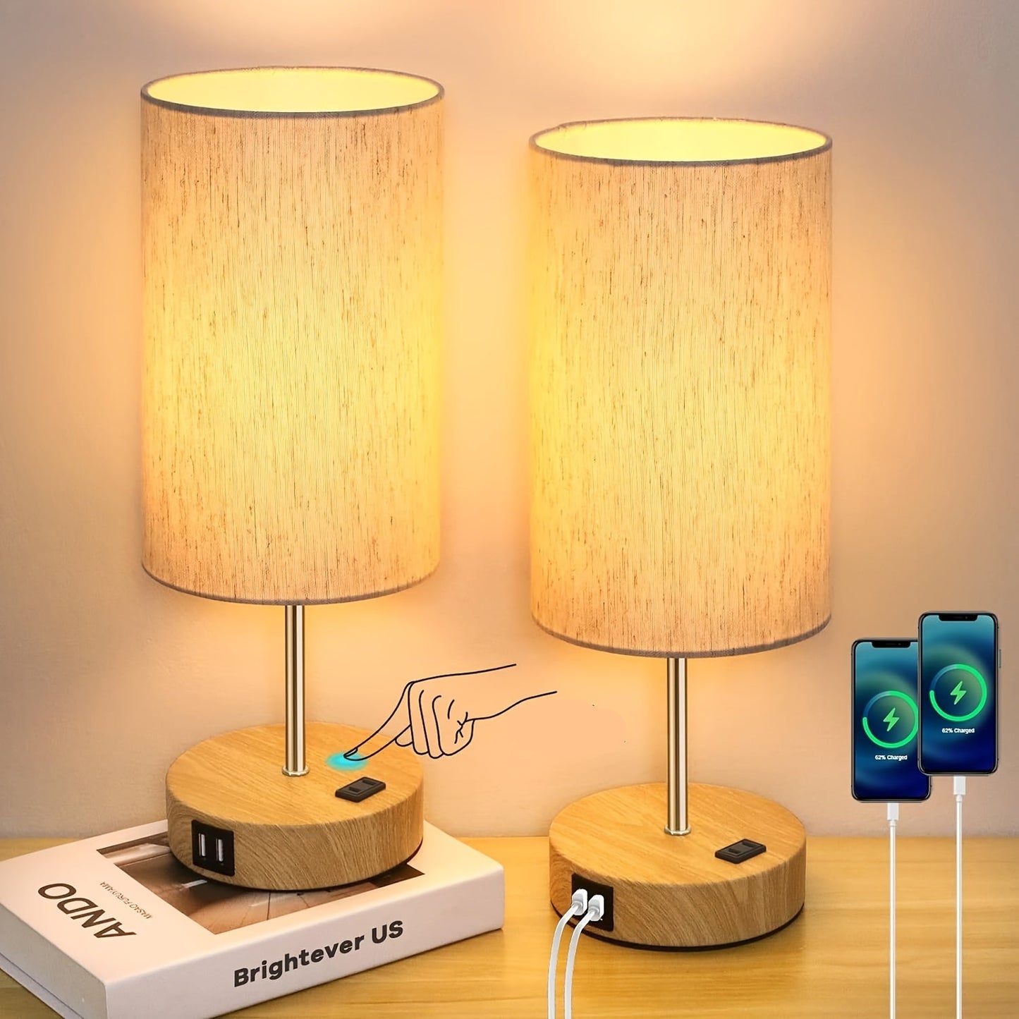 Bed Side Charging Lamp - Touch Control, USB Charging & AC Outlet, Dimmable - Warm