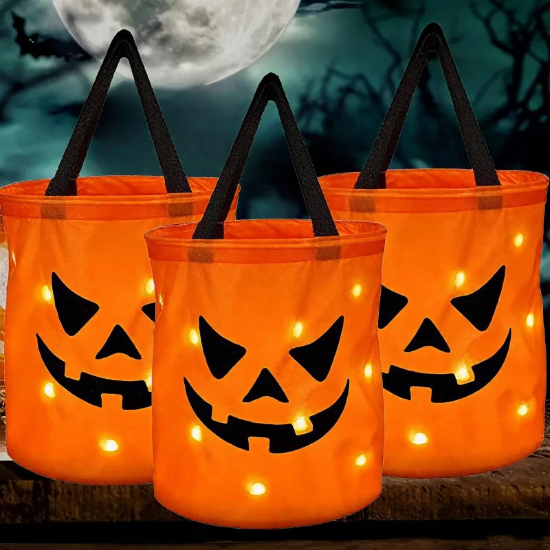 1-20PC LEDLight Up Halloween Pumpkin Candy Tote Bag Basket for Kids Trick or Treat Party Bucket for Holiday Event Decoration Use 0