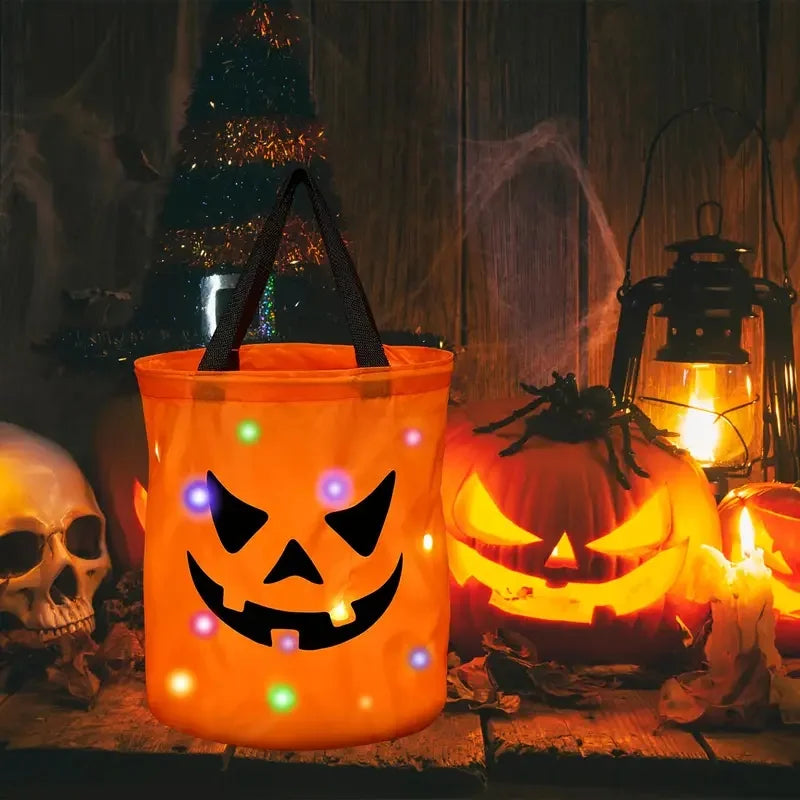 1-20PC LEDLight Up Halloween Pumpkin Candy Tote Bag Basket for Kids Trick or Treat Party Bucket for Holiday Event Decoration Use 1