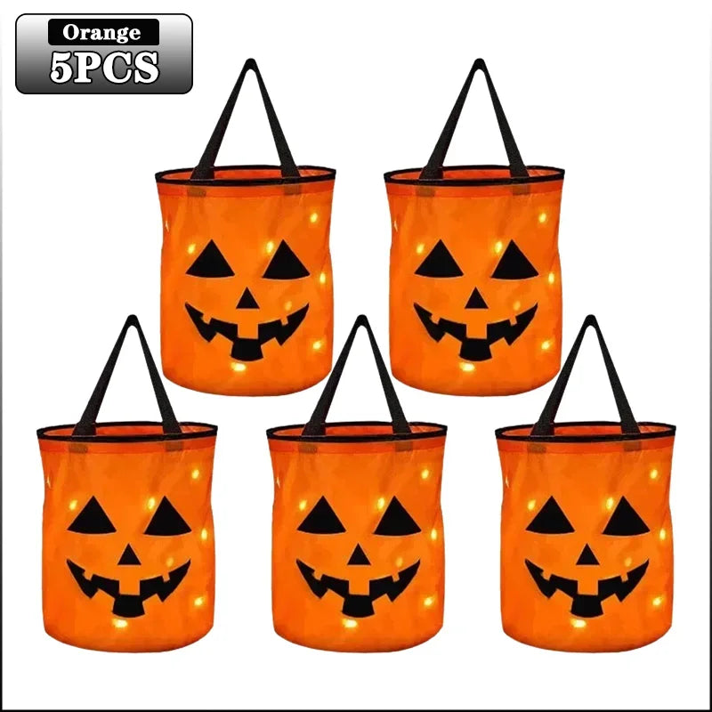 1-20PC LEDLight Up Halloween Pumpkin Candy Tote Bag Basket for Kids Trick or Treat Party Bucket for Holiday Event Decoration Use 10