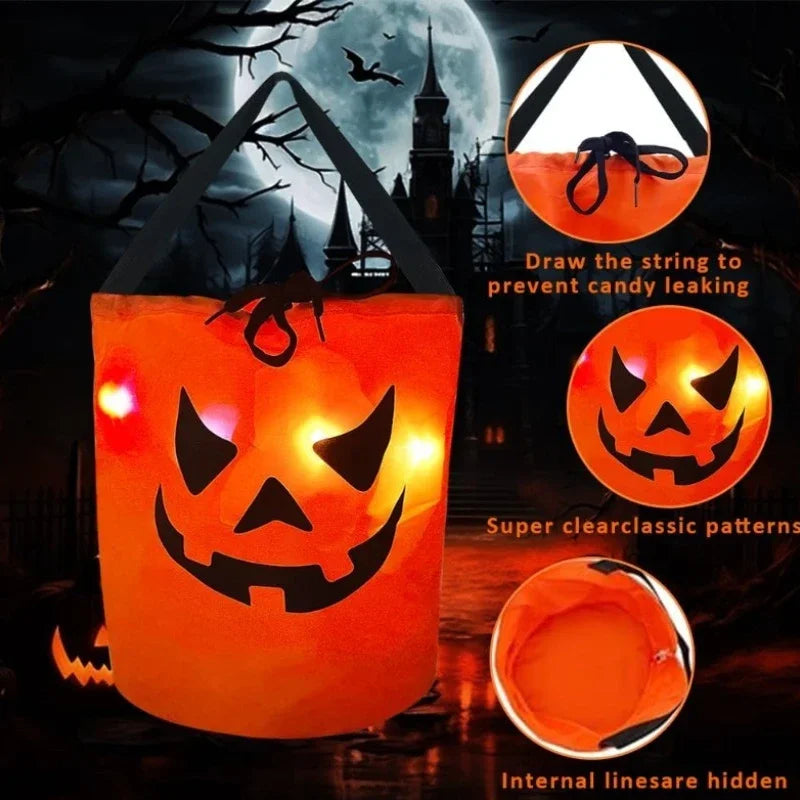 1-20PC LEDLight Up Halloween Pumpkin Candy Tote Bag Basket for Kids Trick or Treat Party Bucket for Holiday Event Decoration Use 3