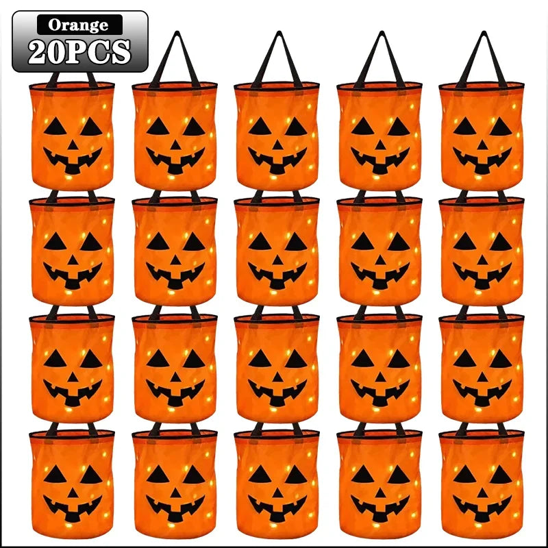 1-20PC LEDLight Up Halloween Pumpkin Candy Tote Bag Basket for Kids Trick or Treat Party Bucket for Holiday Event Decoration Use 6