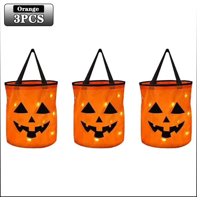 1-20PC LEDLight Up Halloween Pumpkin Candy Tote Bag Basket for Kids Trick or Treat Party Bucket for Holiday Event Decoration Use 7