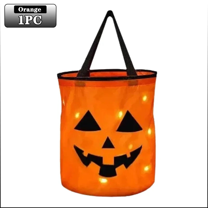 1-20PC LEDLight Up Halloween Pumpkin Candy Tote Bag Basket for Kids Trick or Treat Party Bucket for Holiday Event Decoration Use 8