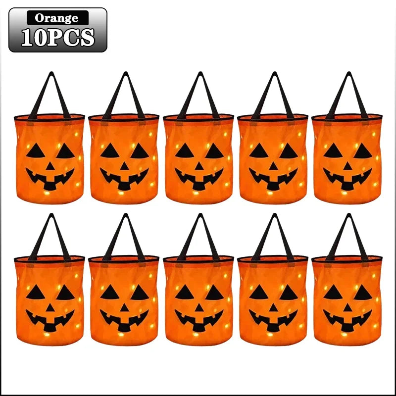 1-20PC LEDLight Up Halloween Pumpkin Candy Tote Bag Basket for Kids Trick or Treat Party Bucket for Holiday Event Decoration Use 9