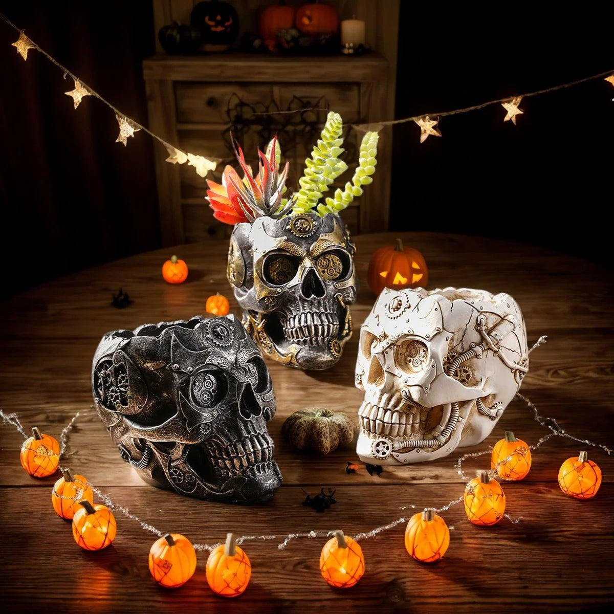 1PC, Halloween party punk-style mechanical white, black gold, and silver-black skull-shaped vases 0
