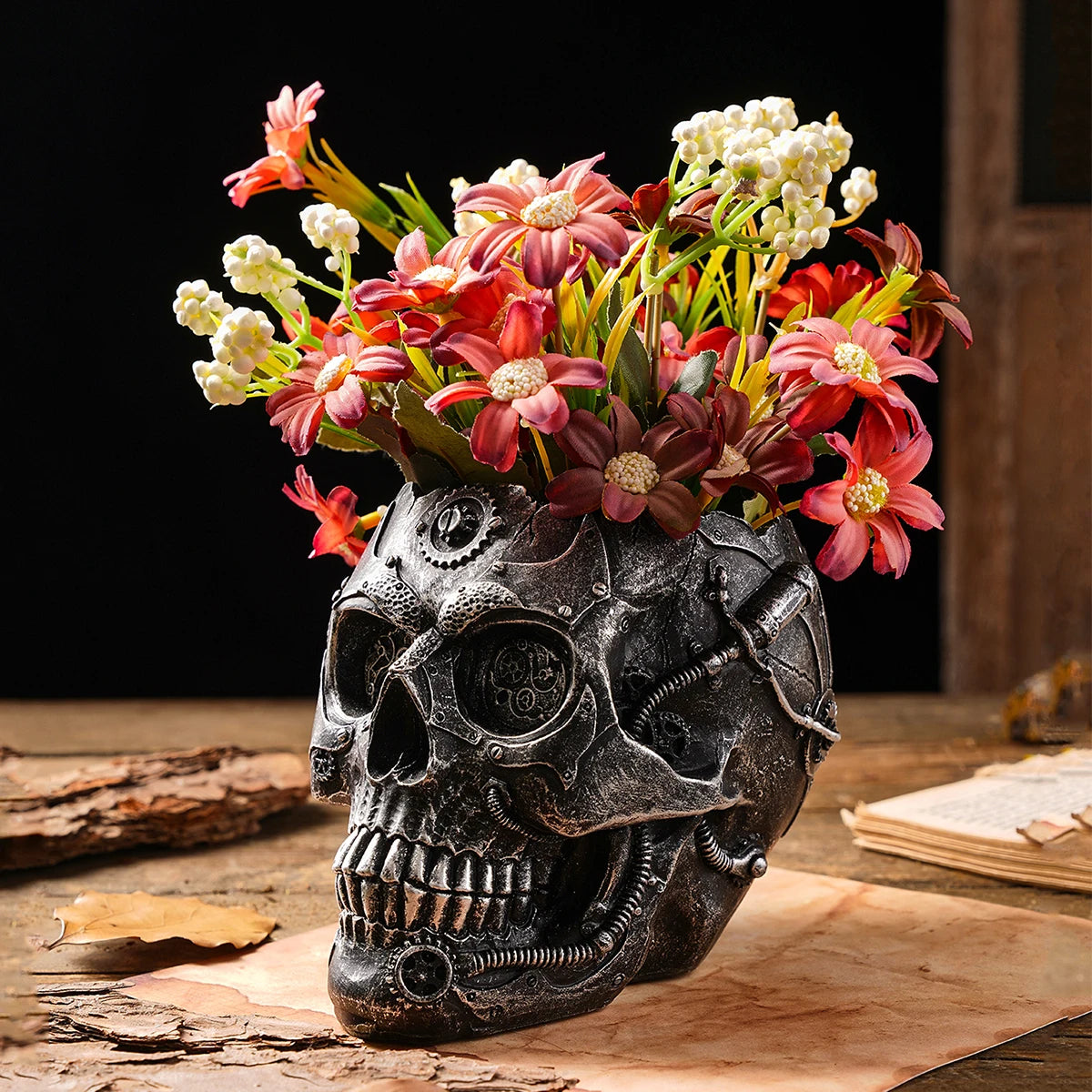 1PC, Halloween party punk-style mechanical white, black gold, and silver-black skull-shaped vases 1