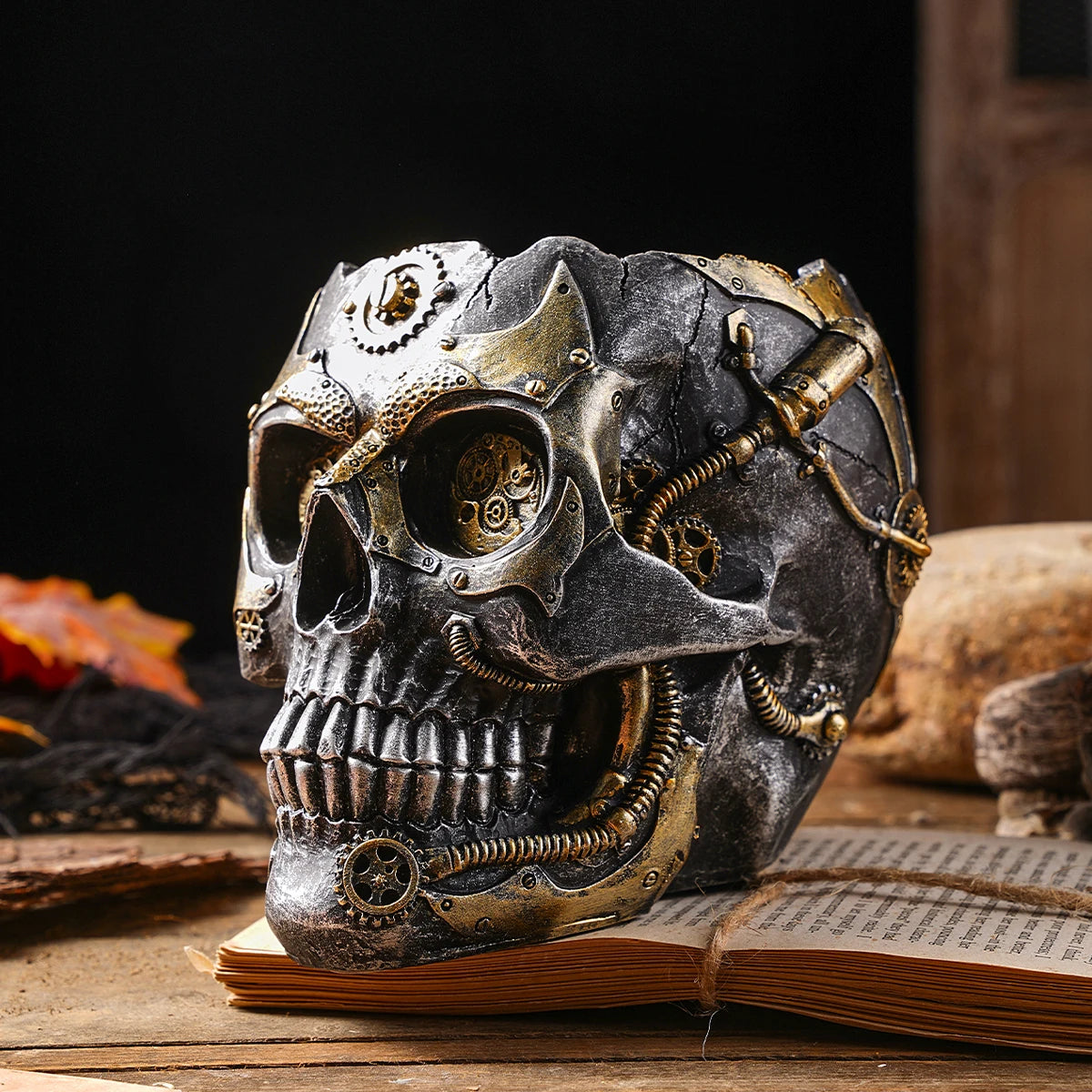 1PC, Halloween party punk-style mechanical white, black gold, and silver-black skull-shaped vases 4