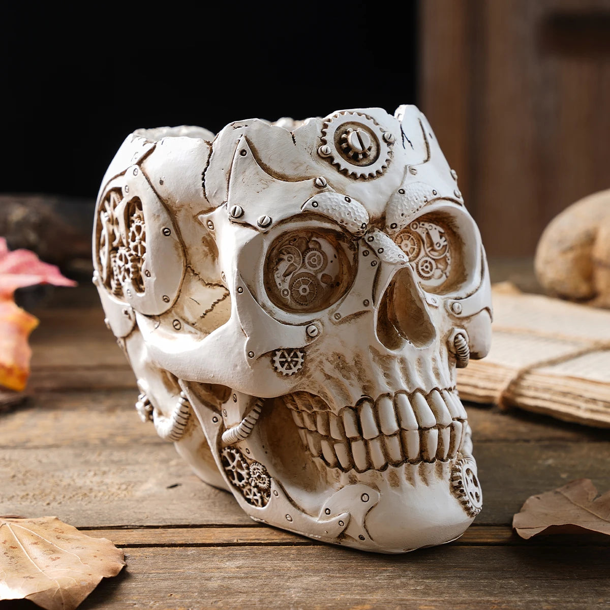 1PC, Halloween party punk-style mechanical white, black gold, and silver-black skull-shaped vases 5