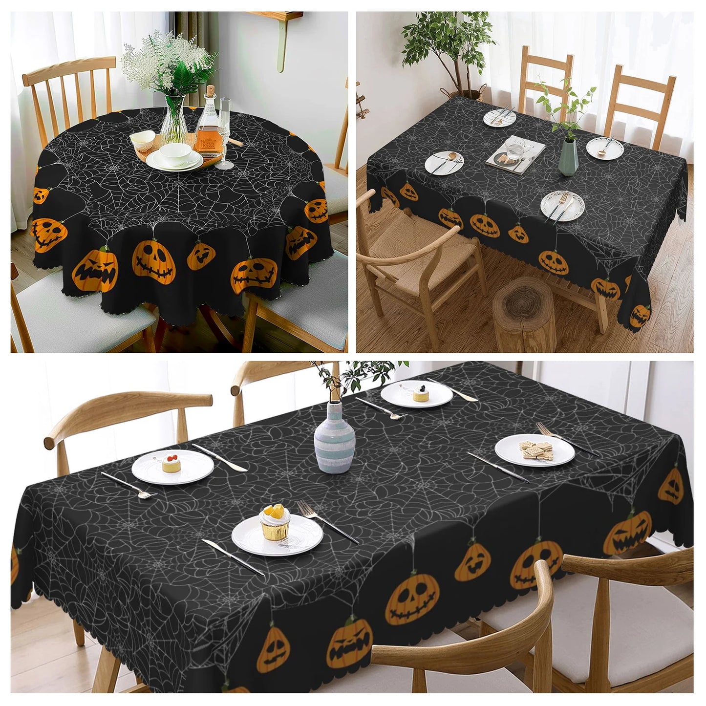 1 Piece, Round/Visect Polyester Tablecloth, Halloween Horror Atmosphere Printing, Pumpkin Head and Spider Web Pattern, Embossed Edge, for Home Kitchen, Living Room Dining Table Balcony Coffee Table, Holiday Holiday Table Decoration Tablecloth, Outdoo 1