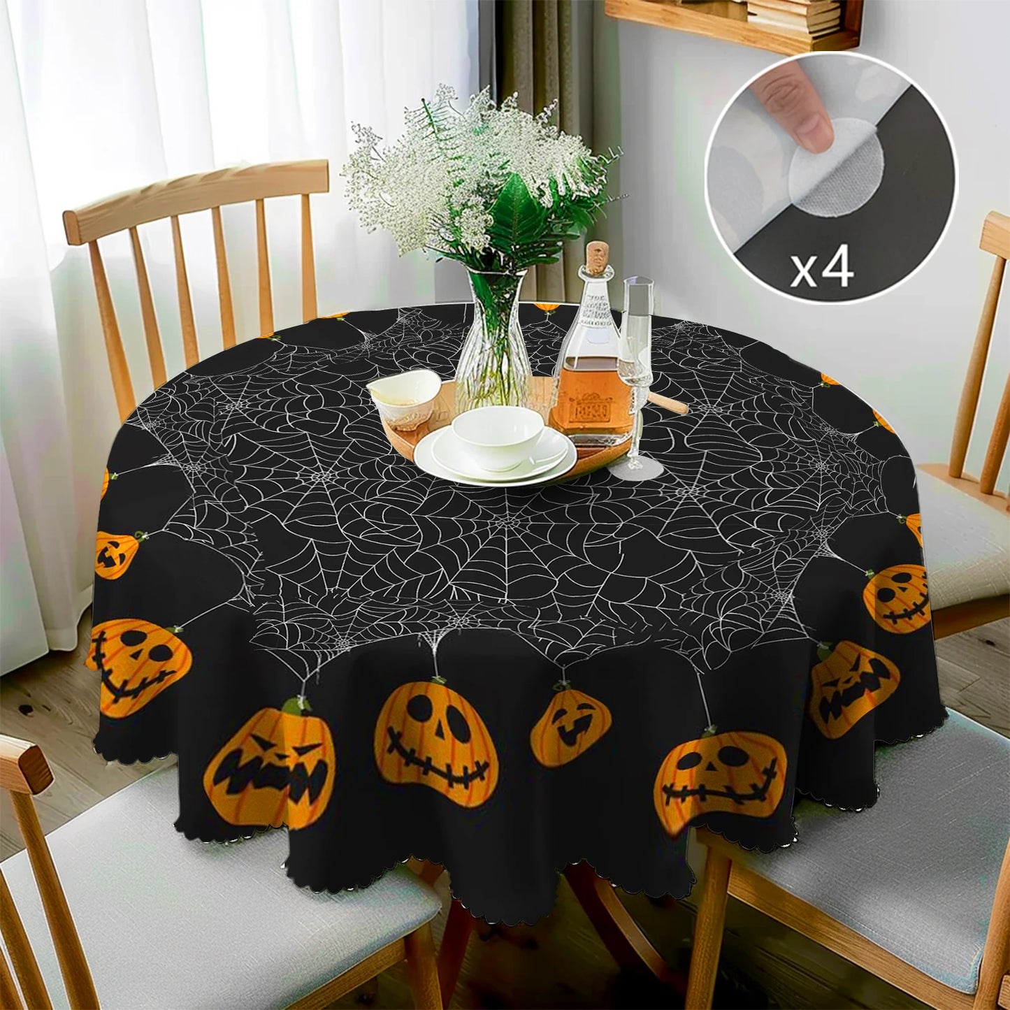 1 Piece, Round/Visect Polyester Tablecloth, Halloween Horror Atmosphere Printing, Pumpkin Head and Spider Web Pattern, Embossed Edge, for Home Kitchen, Living Room Dining Table Balcony Coffee Table, Holiday Holiday Table Decoration Tablecloth, Outdoo 0