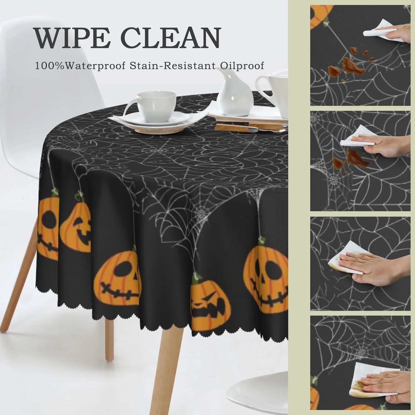 1 Piece, Round/Visect Polyester Tablecloth, Halloween Horror Atmosphere Printing, Pumpkin Head and Spider Web Pattern, Embossed Edge, for Home Kitchen, Living Room Dining Table Balcony Coffee Table, Holiday Holiday Table Decoration Tablecloth, Outdoo 4
