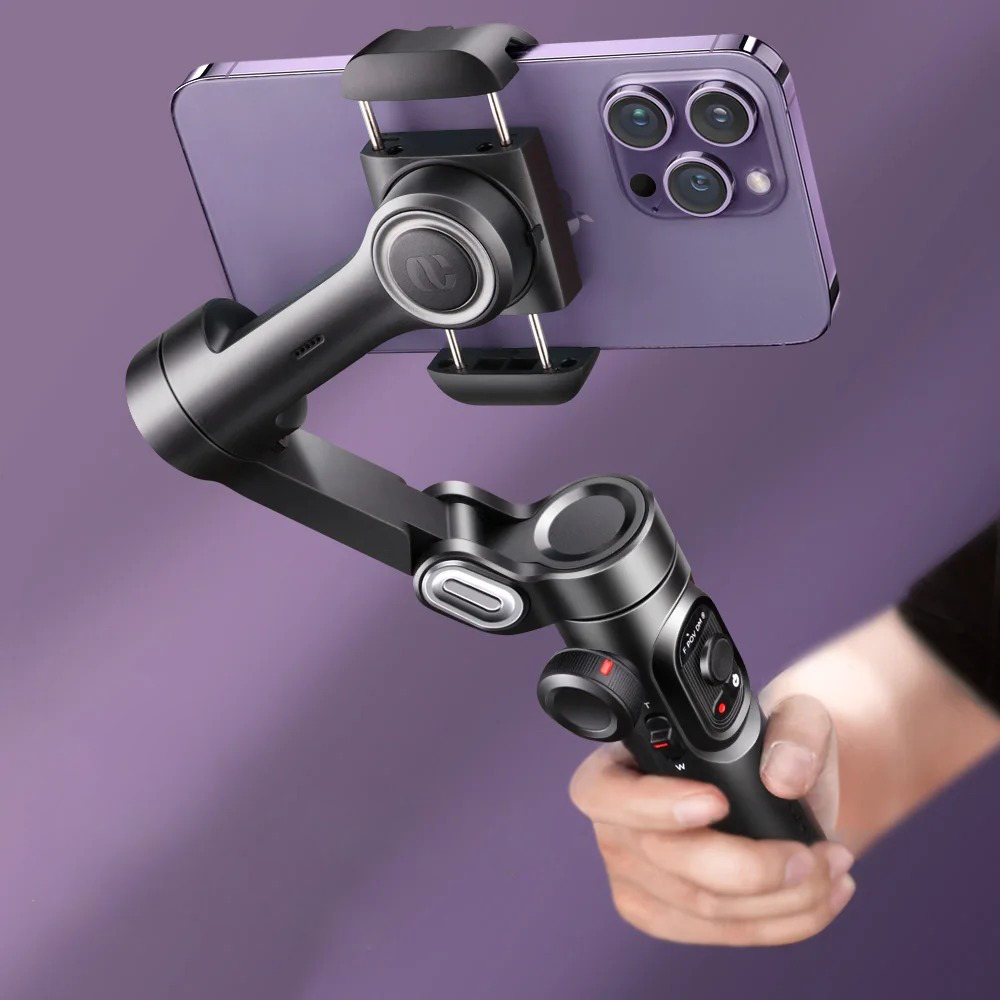 Compact 3-axis smartphone gimbal stabilizer with RGB fill light, AI tracking, and 10-hour battery life for smooth video recording and vlogging.