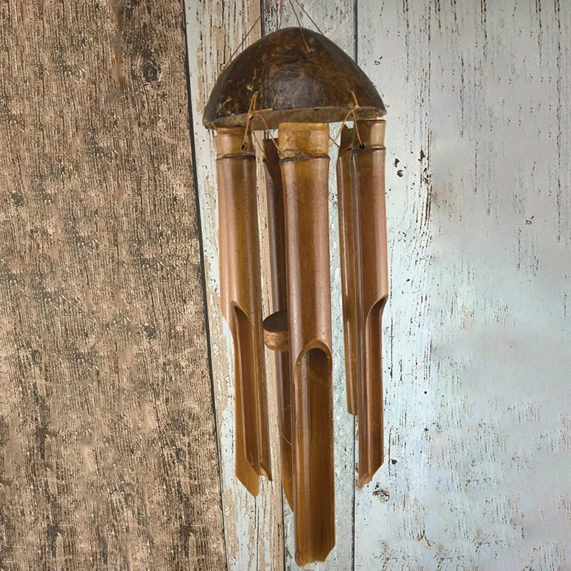 Bamboo wind chimes with natural coconut shell, five tubes, and handmade design, perfect for garden and patio decoration.