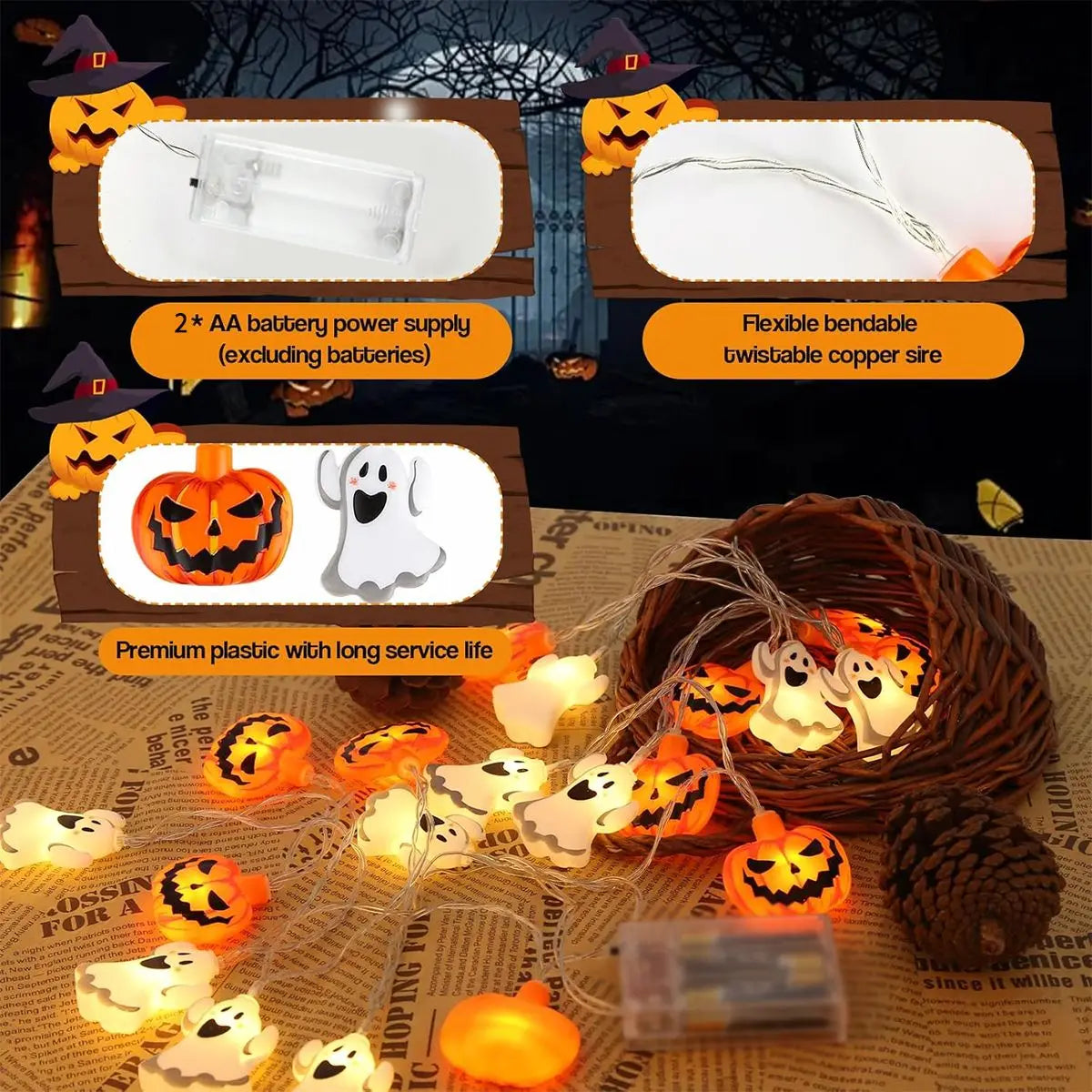 1pc 10/20 LED Halloween Single Layer Pumpkin & Ghost String Light Battery Powered For Home Garden Holiday Halloween Party Decor 2