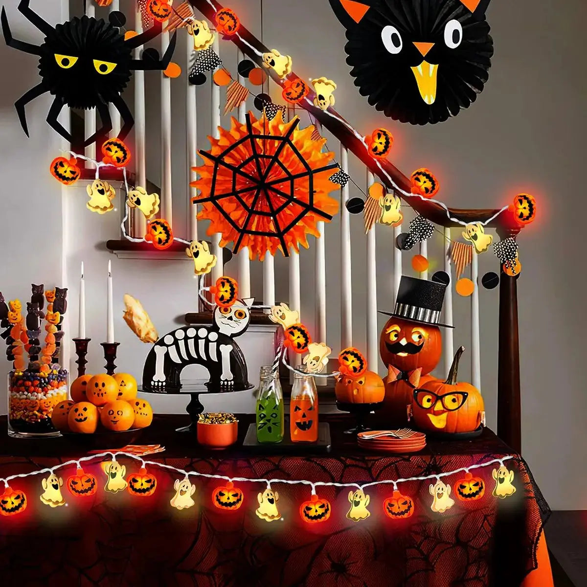 1pc 10/20 LED Halloween Single Layer Pumpkin & Ghost String Light Battery Powered For Home Garden Holiday Halloween Party Decor 4