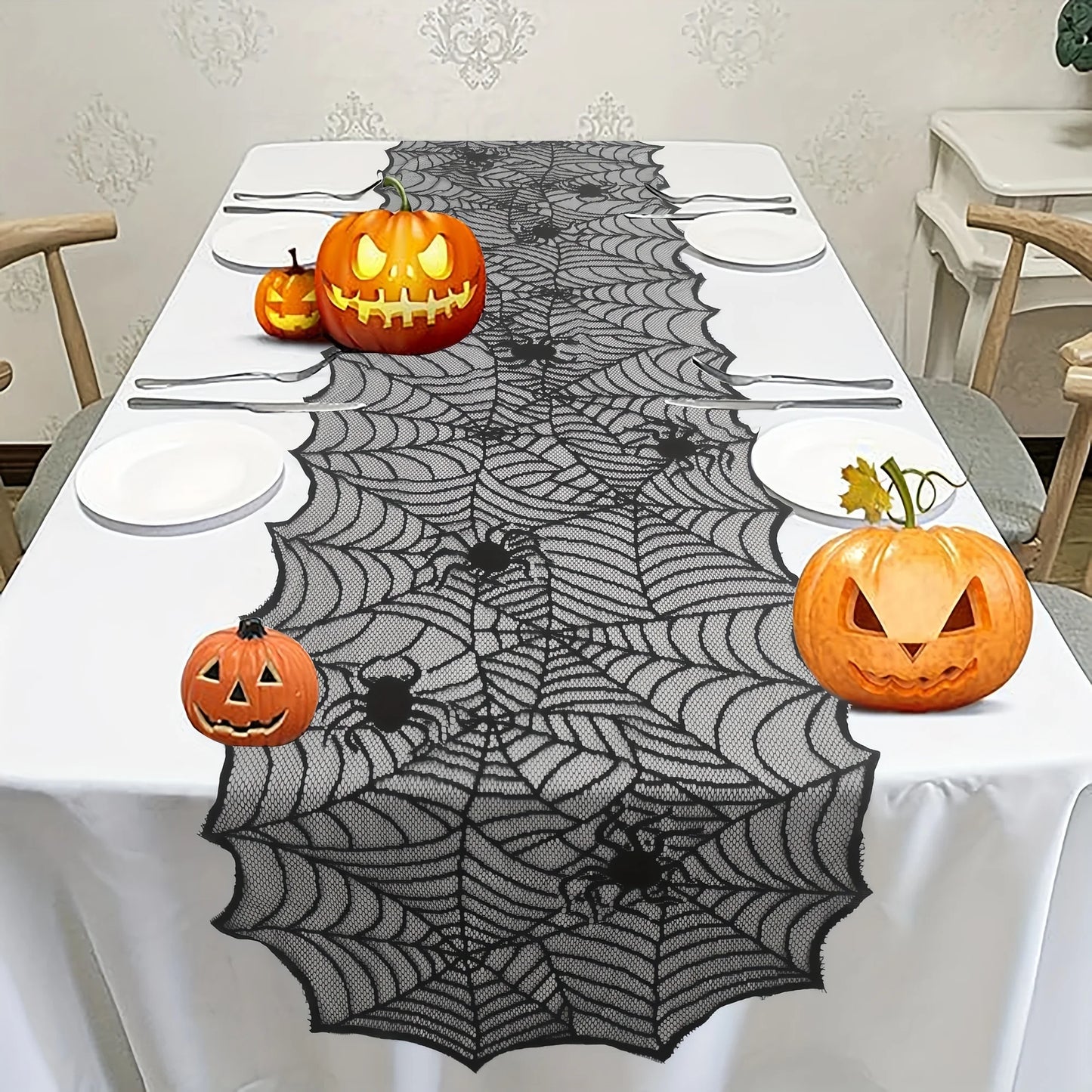 1pc, Table Runner, Black Lace Spider Web Table Runner, Polyester American Halloween Party Gift Home Dining Decor 0