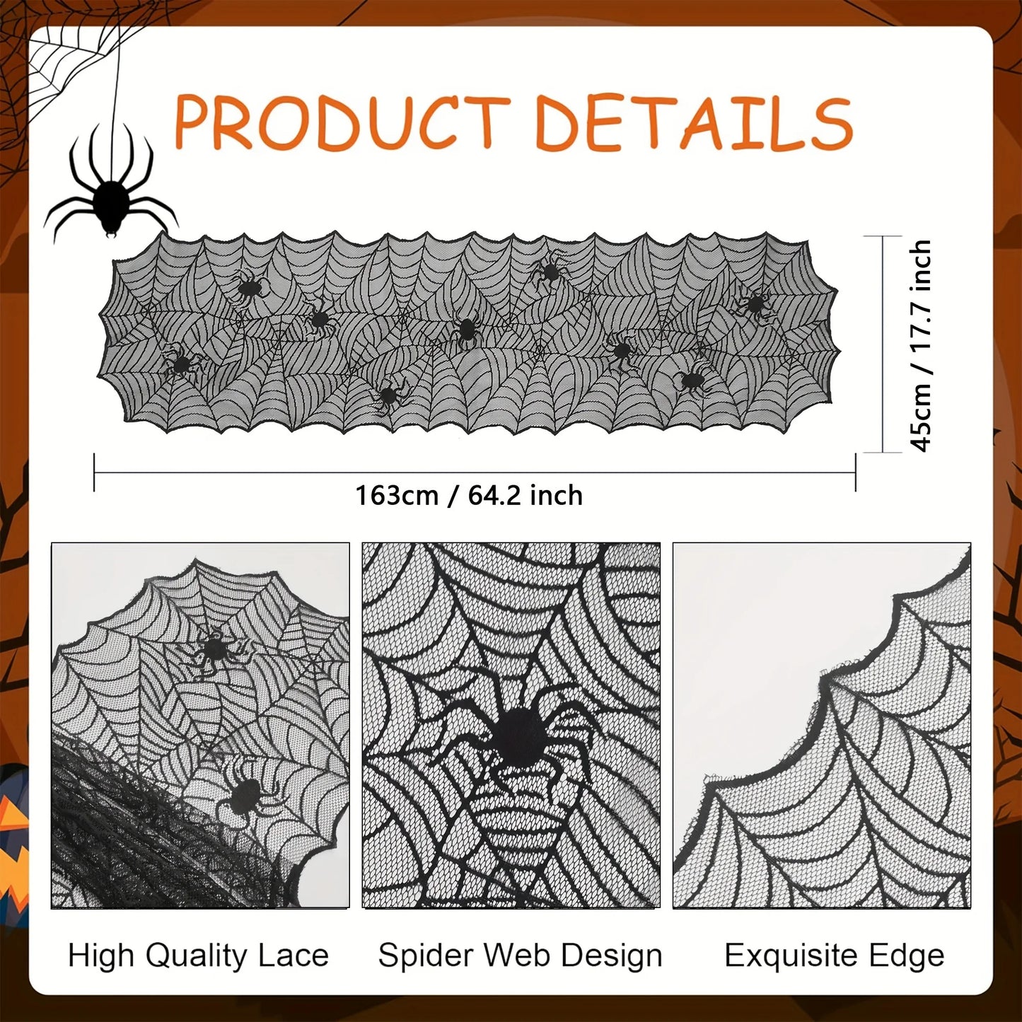 1pc, Table Runner, Black Lace Spider Web Table Runner, Polyester American Halloween Party Gift Home Dining Decor 4