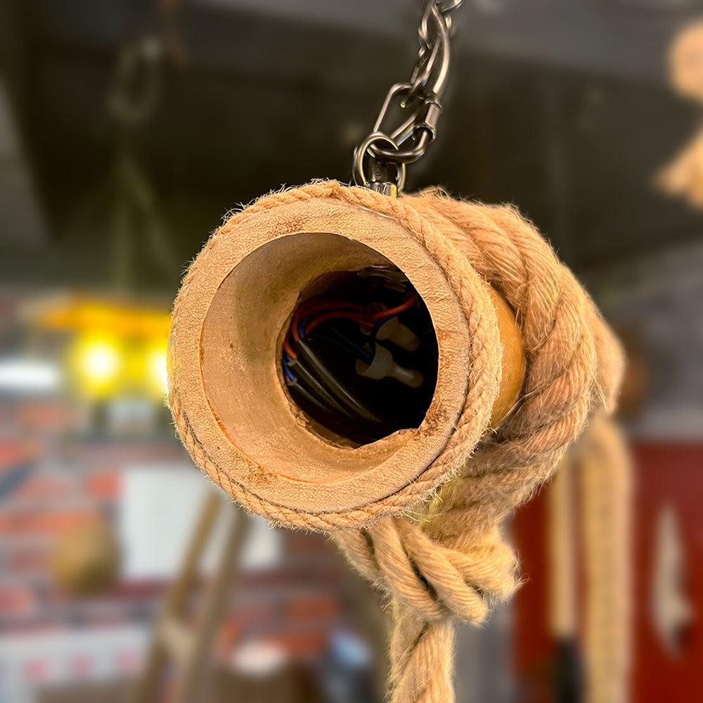 Royaleva Retro Hanging Lamp with Hemp Rope, Bamboo & Iron Cage Design