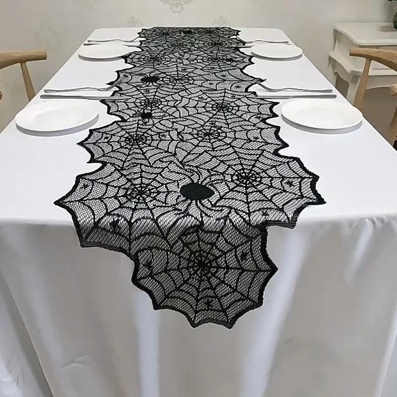 2025 Halloween Decoration Lace Spider Web Skeleton Skull Tablecloth Black Fireplace Mantel Scarf Event Party Supplies 0