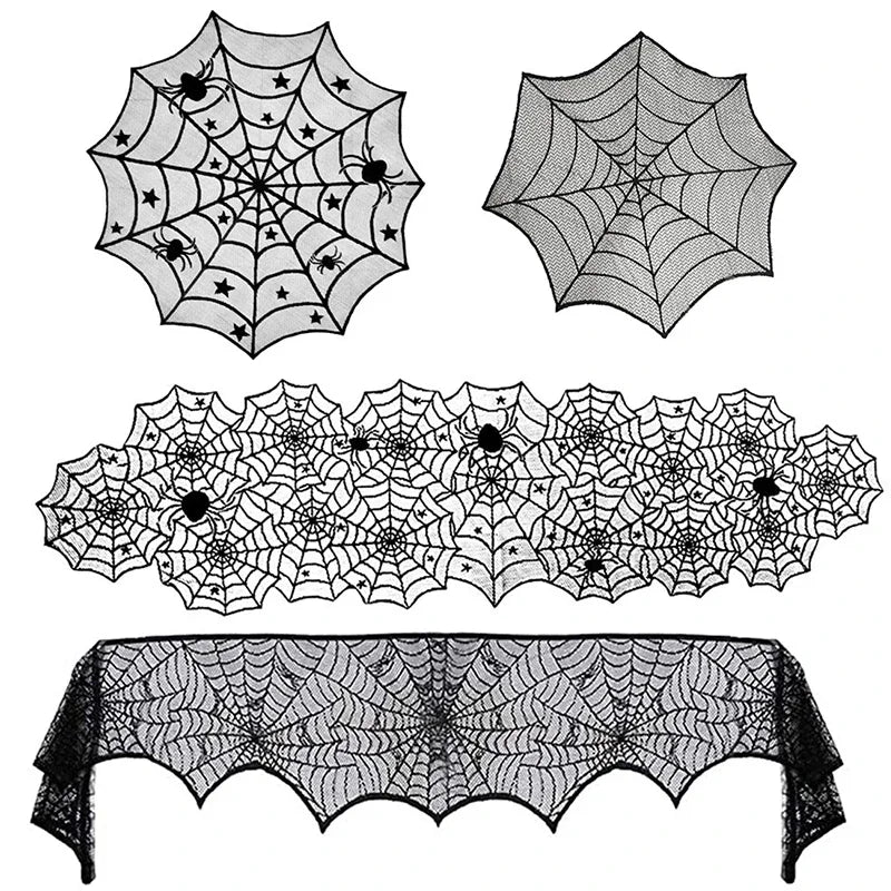 2025 Halloween Decoration Lace Spider Web Skeleton Skull Tablecloth Black Fireplace Mantel Scarf Event Party Supplies 1