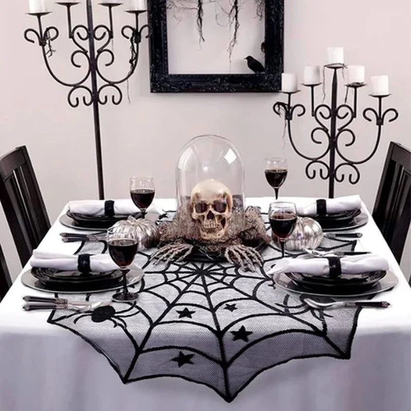 2025 Halloween Decoration Lace Spider Web Skeleton Skull Tablecloth Black Fireplace Mantel Scarf Event Party Supplies 2