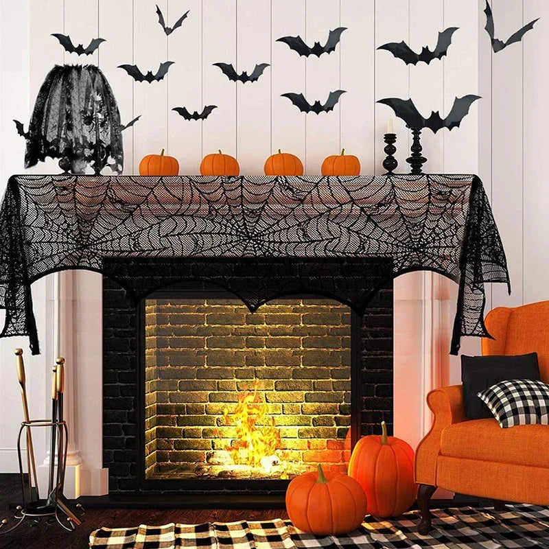 2025 Halloween Decoration Lace Spider Web Skeleton Skull Tablecloth Black Fireplace Mantel Scarf Event Party Supplies 3