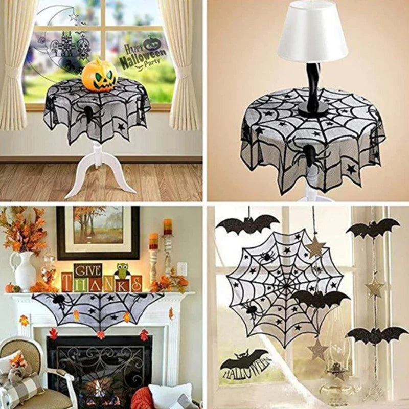 2025 Halloween Decoration Lace Spider Web Skeleton Skull Tablecloth Black Fireplace Mantel Scarf Event Party Supplies 4