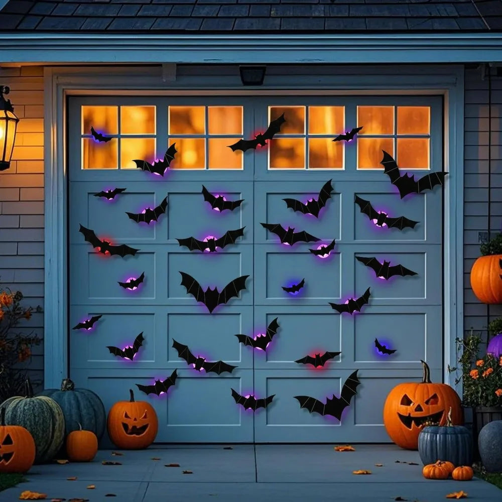 2025 Halloween Decorations Outdoor - Halloween Bats Wall Decor - Lighted 3D Bat Stickers for Party Window Door Decor Home Decals 3