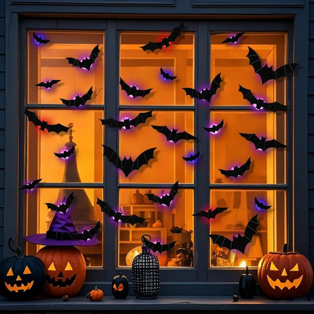 2025 Halloween Decorations Outdoor - Halloween Bats Wall Decor - Lighted 3D Bat Stickers for Party Window Door Decor Home Decals 4