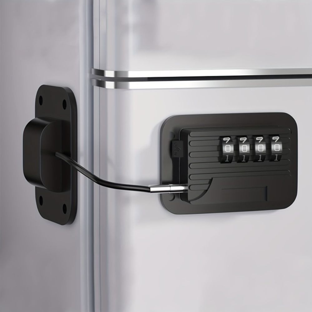 Password-protected refrigerator door lock with adjustable strap, child safety feature, and durable tamper-resistant design for fridge, cabinet, or drawer security.