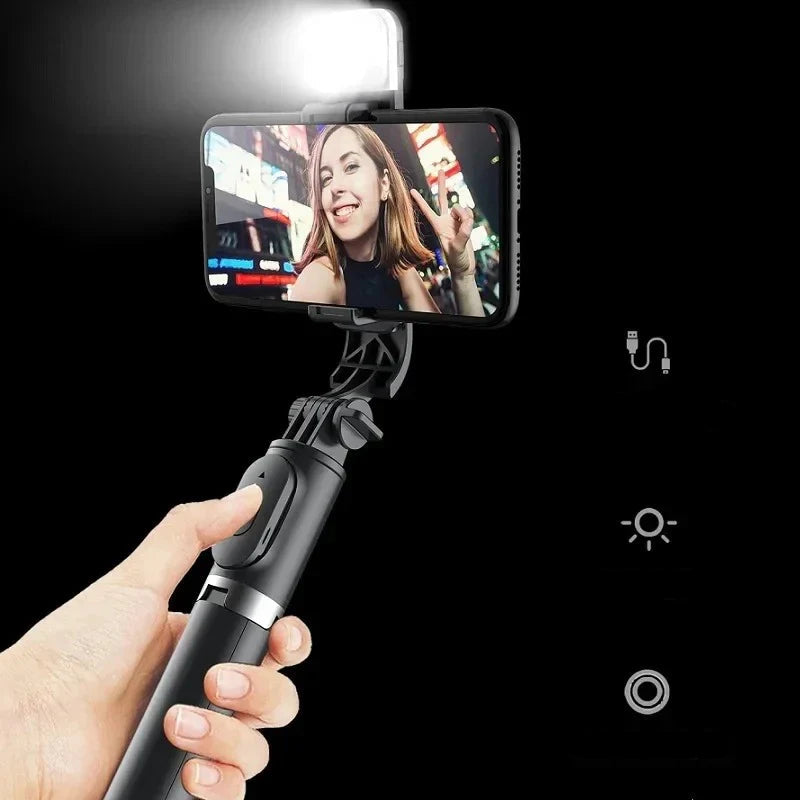 Selfie Stick And Tripod With 1045mm Extension 360° Rotation Bluetooth Remote 3-Mode LED Fill Light Anti-Shake Stabilization Compact Foldable Design For iOS And Android Phones Travel Vlogging Photography
