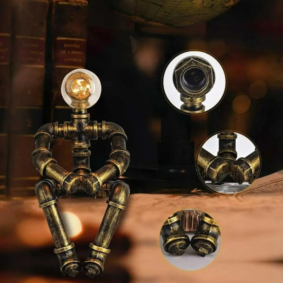 Royallure Steampunk Robot Pipe Table Lamp – Industrial Iron Sculpture with E27 Socket