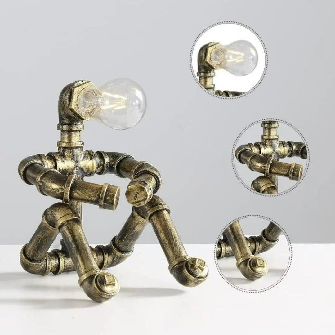 Royallure Steampunk Robot Pipe Table Lamp – Industrial Iron Sculpture with E27 Socket