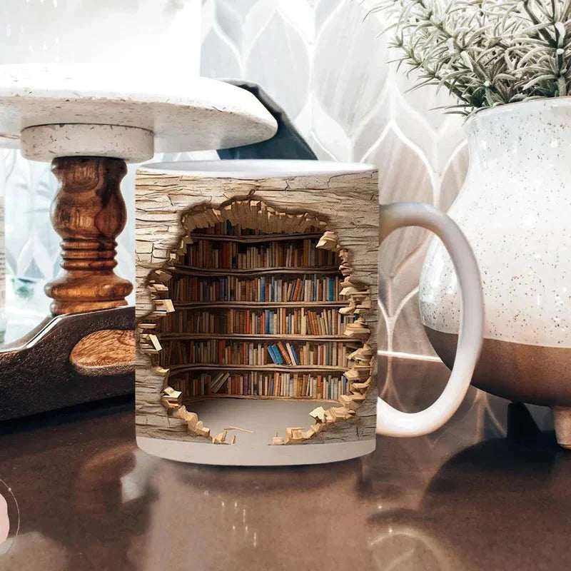 Royaleva 3D Library Bookshelf Mug, Coffee Mugs Gift for Book Lovers