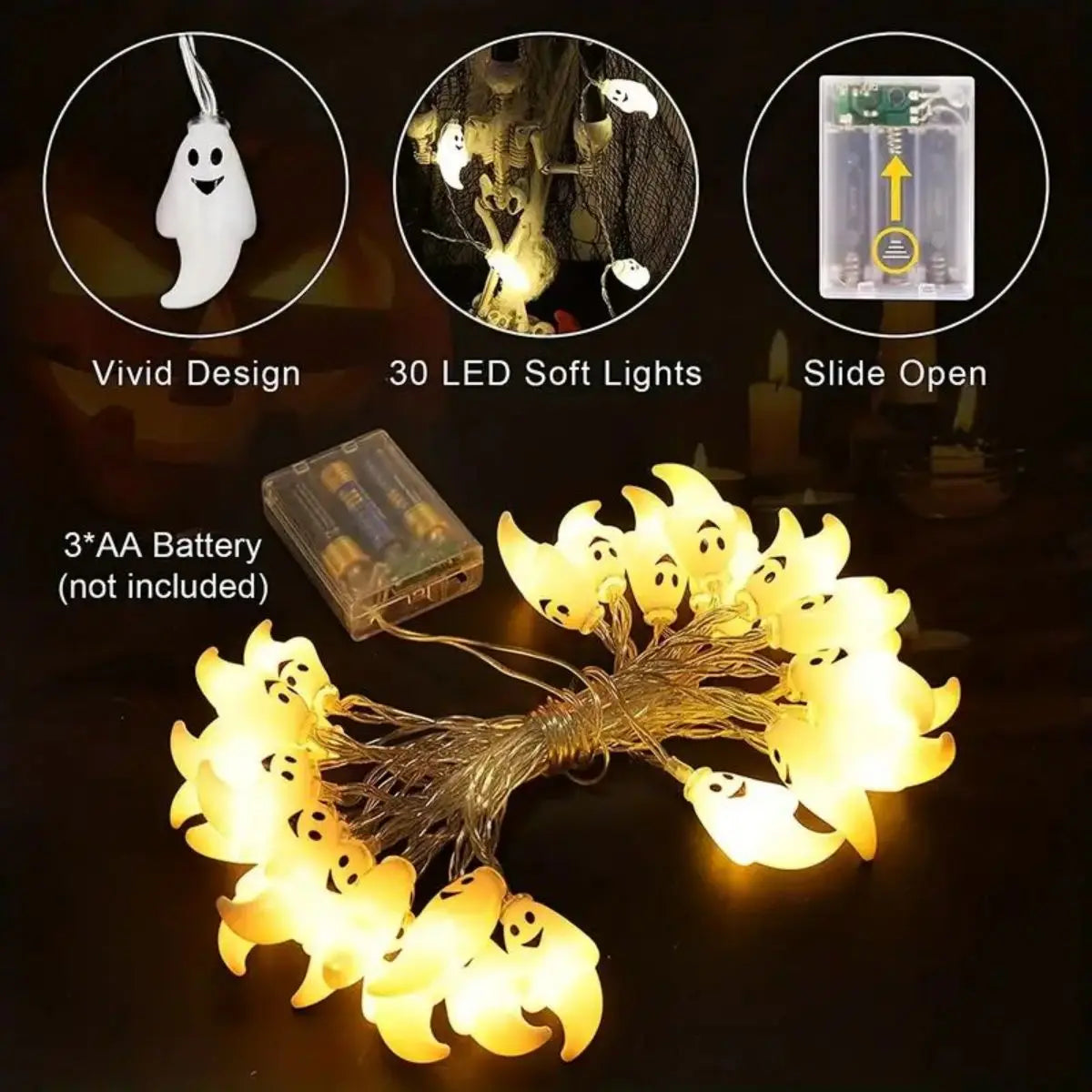 59.06inch 10 Lights, 3m 20 Lights Ghost Halloween Decoration String Lights, Battery Powered (No Plug) 4