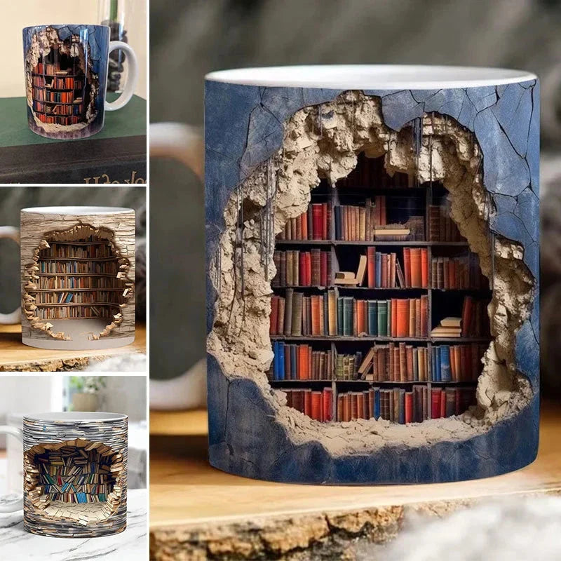Royaleva 3D Library Bookshelf Mug, Coffee Mugs Gift for Book Lovers