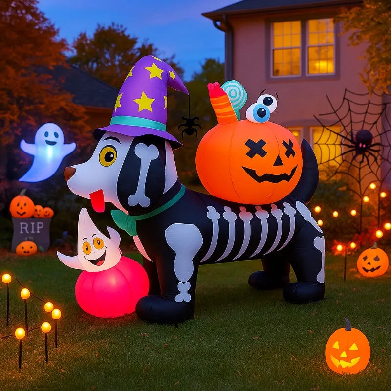 5FT Party & Holiday DIY Decorations Halloween Inflatable Toy Skeleton Dog with Pumpkin Blow Up Inflatable Model Outside Decor 3