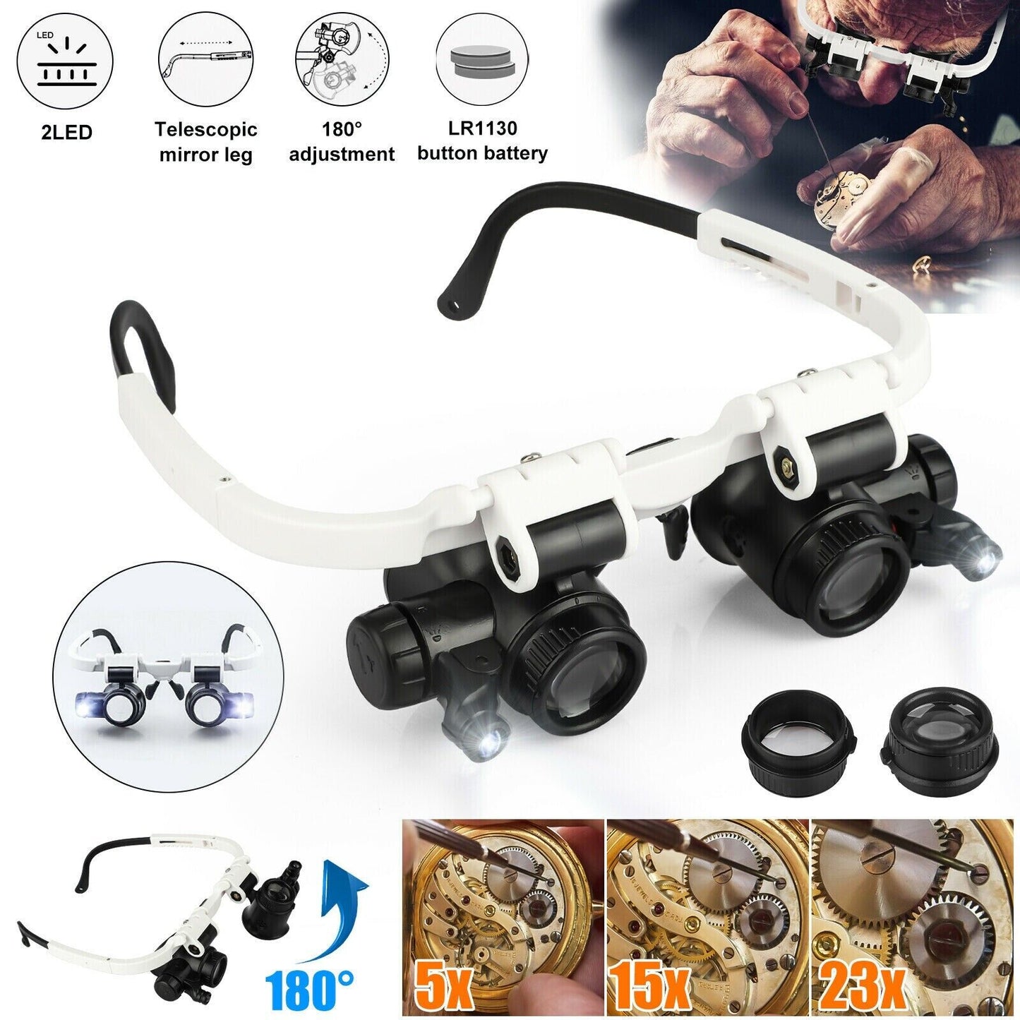 Royaleva Headband Head Magnifier 8 Lens LED Light Jeweler Glasses