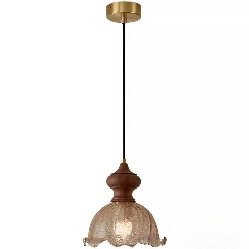 RoyaleGlow Vintage Rippled Glass Pendant Light with Brass & Wood for Kitchen & Dining Room