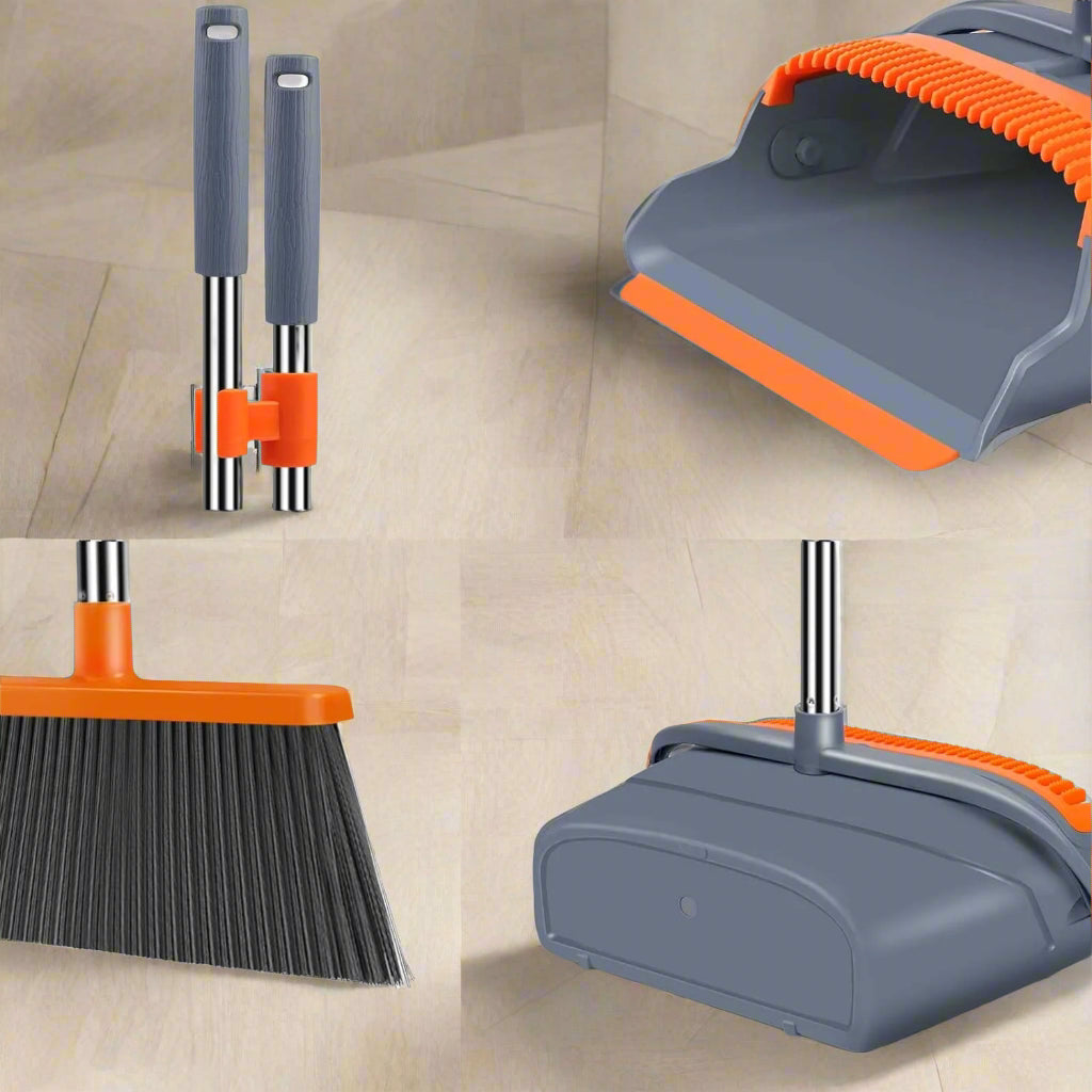 Self-cleaning broom and dustpan set with stainless steel extendable handle, four-row eco-friendly PET bristles, built-in dustpan scraper teeth, rubber lip for debris capture, upright storage design in gray and orange.