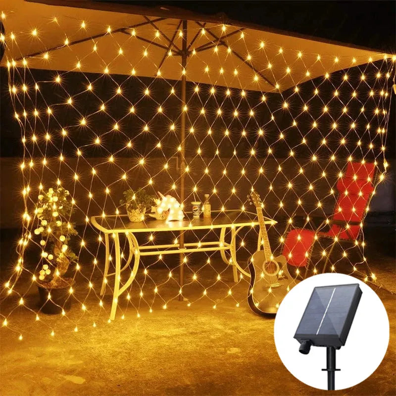 6M 3M Width Solar LED Net Mesh Light Outdoor Fairy String Light Window Curtain Wedding Party Christmas Halloween Garland decor 6