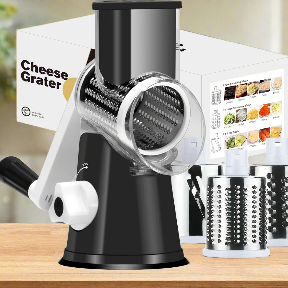 Rotary Cheese Vegetable Manual Grater With 3 Interchangeable Stainless Steel Blades BPA-Free Food-Grade Plastic Suction Base For Stability Fast Grating Slicing And Shredding For Cheese Vegetables And More