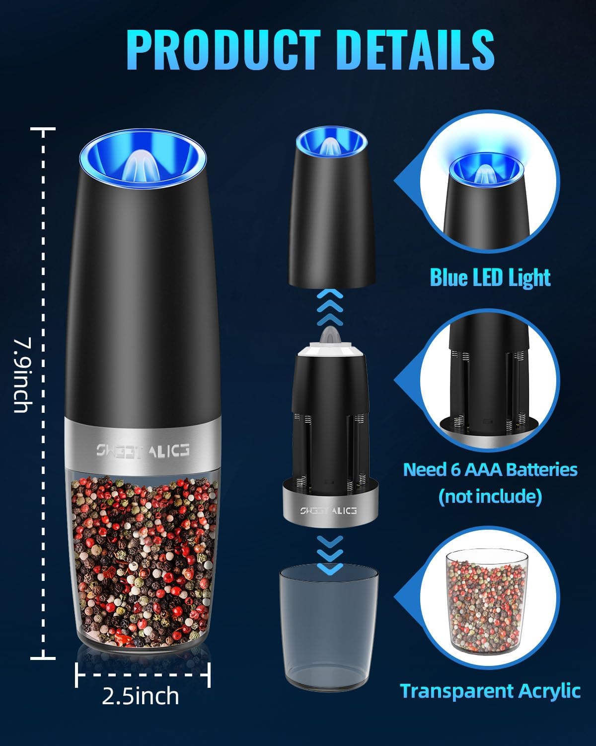 RoyaleGlow Electric Salt And Pepper Grinder One-Hand Use