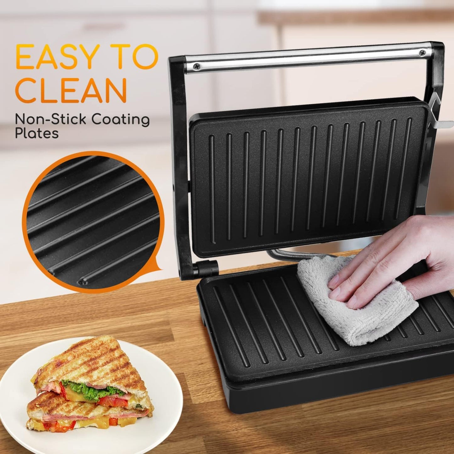 RoyaleGlow Panini Press Sandwich Maker With Non-Stick Plates