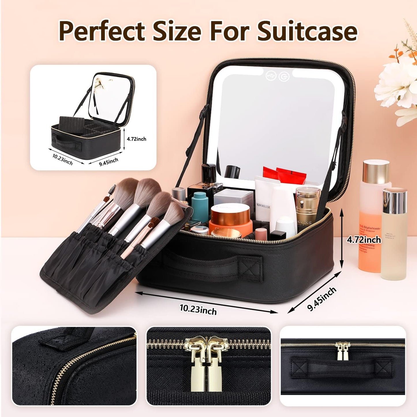 RoyaleGlow Makeup Bag with Mirror and Lights for Travel