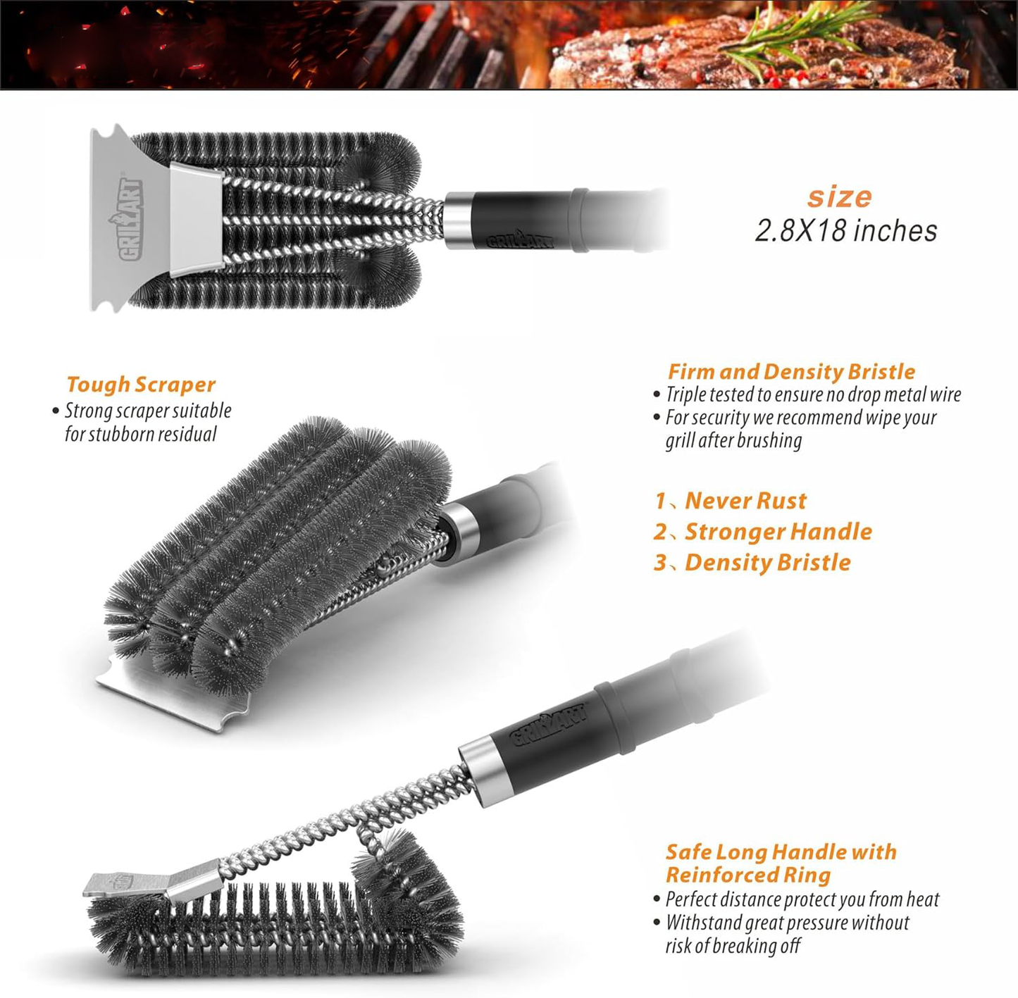 Royaleva 18-Inch Grill Brush with 360-Degree Bristle Design