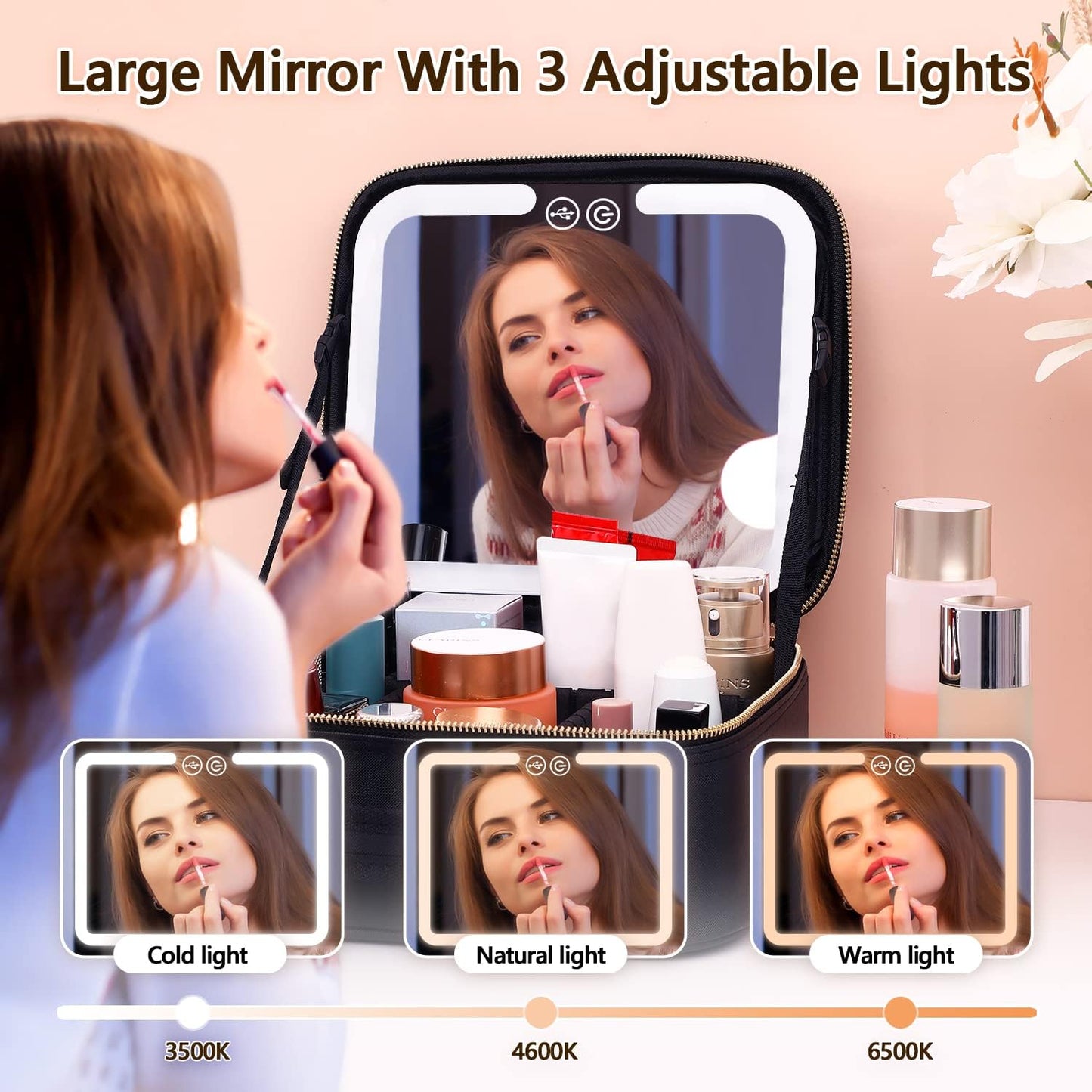 RoyaleGlow Makeup Bag with Mirror and Lights for Travel