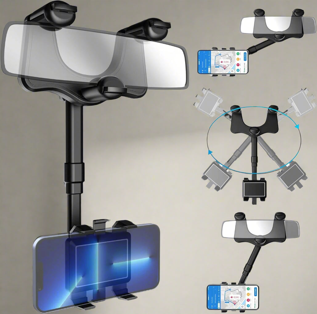 Rearview Mirror Phone Holder – 360° Rotating Car Mount for 4-7" Smartphones – Eye-Level Navigation, One-Handed Operation, Foldable Design – Secure 3-Claw Rearview Grip with 4-Jaw Phone Clamp – Tool-Free Installation, Heat-Resistant ABS
