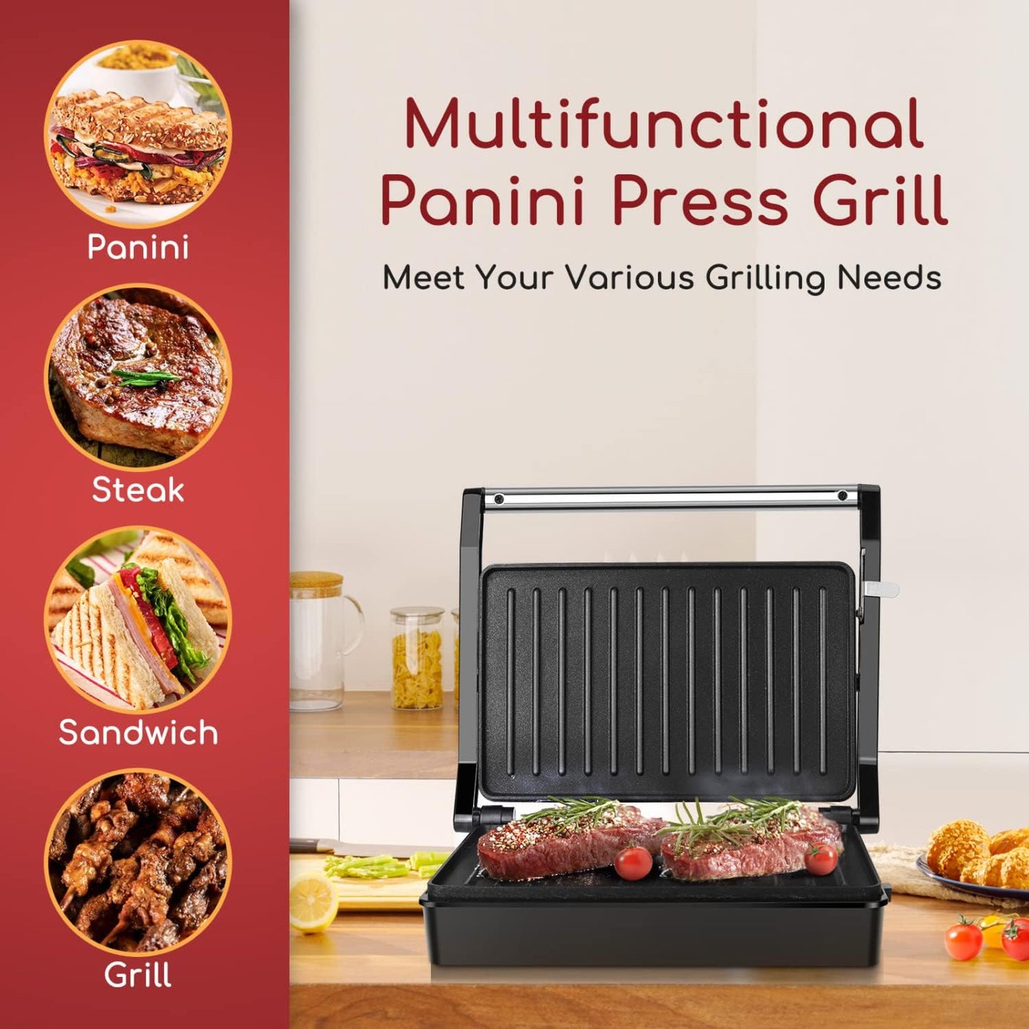 RoyaleGlow Panini Press Sandwich Maker With Non-Stick Plates